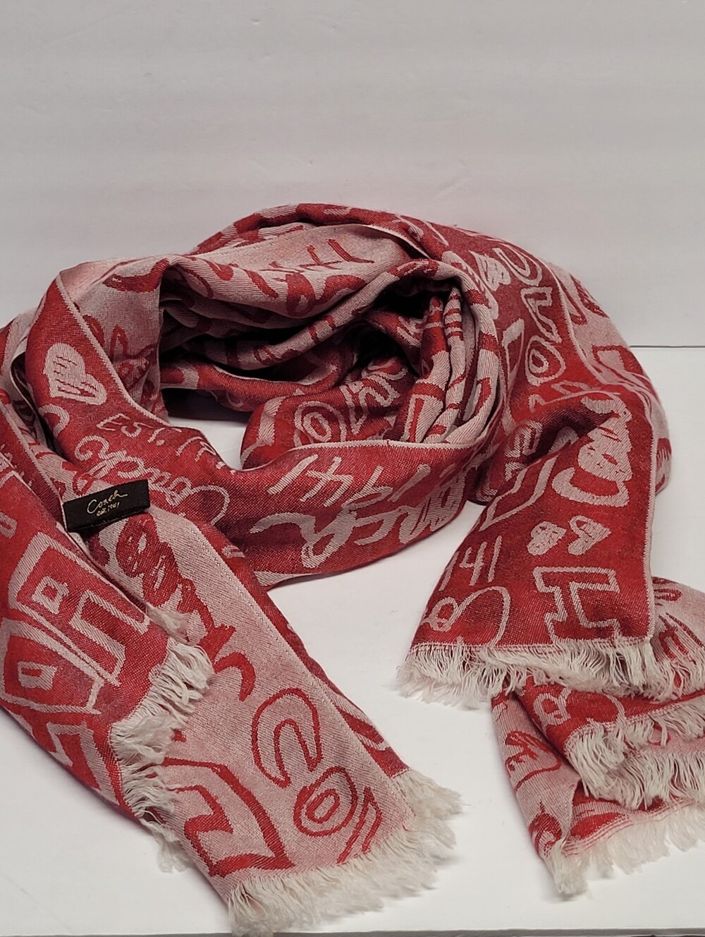 Vintage Coach Poppy Graffiti Red  Logo Jacquard Wrap Scarf